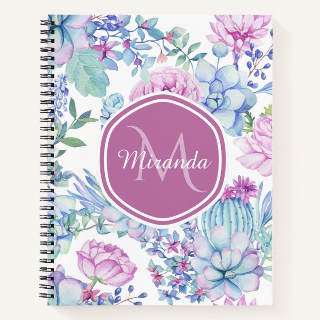 Purple Blue Succulent Monogram Name Notebook (Front)