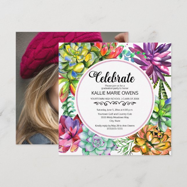Purple Blue Succulents Botanical Graduation Photo Invitation (Front/Back)
