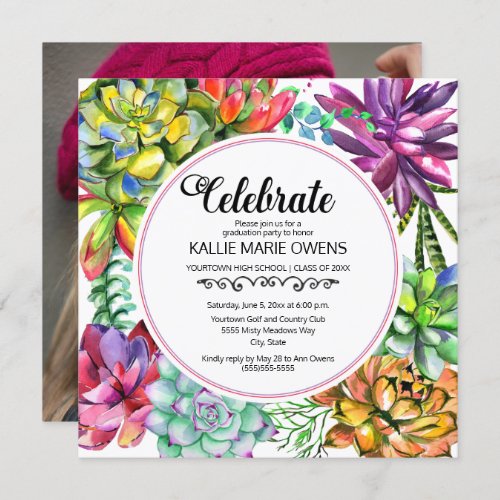 Purple Blue Succulents Botanical Graduation Photo Invitation