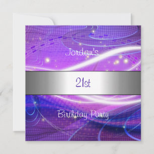 Purple Blue Swirl Silver Trim 21st Birthday Party Invitation