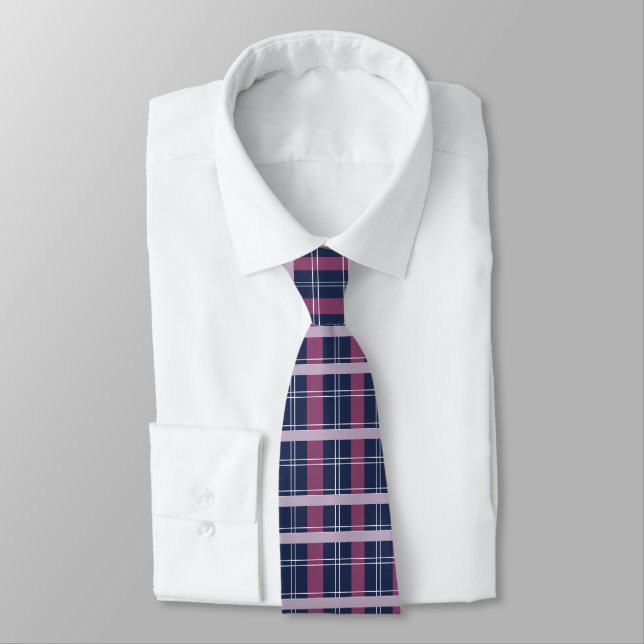 Purple Blue Tartan Plaid Pattern Neck Tie (Tied)