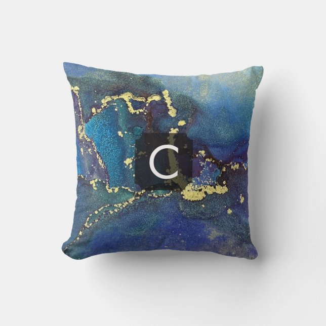 Purple Blue Teal and Gold Liquid Art Monogram Throw Pillow (Front)