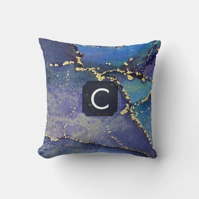 Purple Blue Teal and Gold Liquid Art Monogram Throw Pillow (Front)