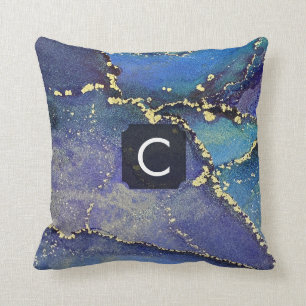 Purple Blue Teal and Gold Liquid Art Monogram Throw Pillow