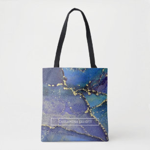 Purple Blue Teal and Gold Liquid Art Monogram Tote Bag