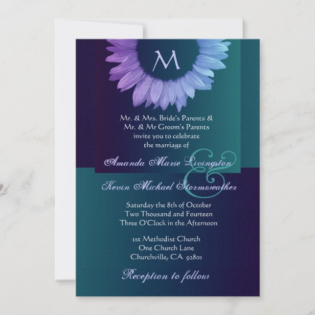 Purple Blue Teal Colored Sunflower Wedding Invitation (Front)