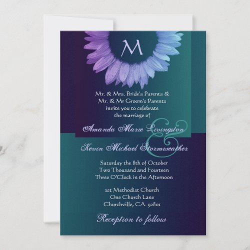 Purple Blue Teal Colored Sunflower Wedding Personalized Invite