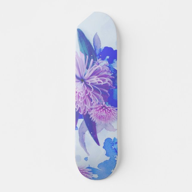 Purple, Blue & Teal Floral Printed Longboard Skateboard Deck (Front)