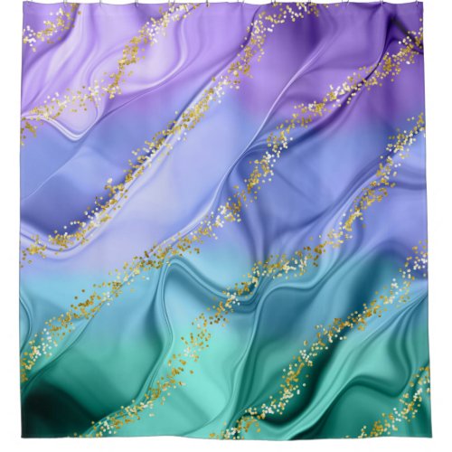 Purple Blue Teal Gold Fantasy Wave Pattern Shower Curtain