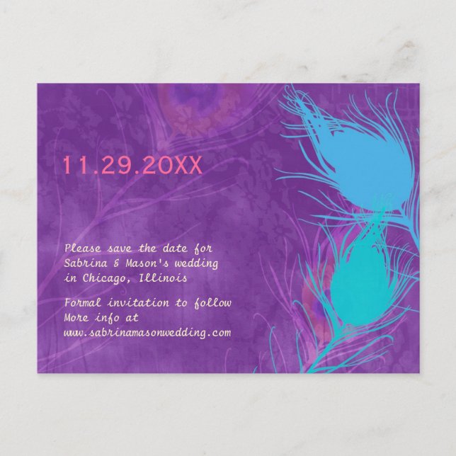 Purple Blue Teal Peacock Wedding Save the Date Announcement Postcard (Front)