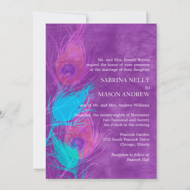 Purple Blue Teal Rustic Peacock Theme Wedding Invitation (Front)