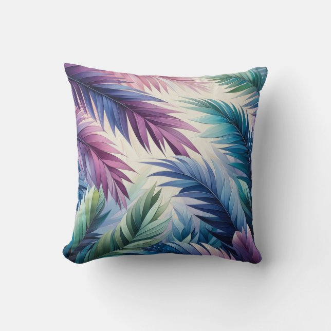 Purple Blue Teal Tropical Palm Leaves Throw Pillow (Front)