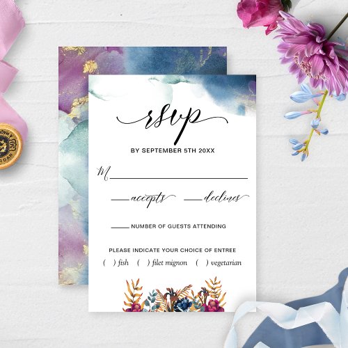 Purple Blue Teal Watercolor  Floral Meal Choices RSVP Card