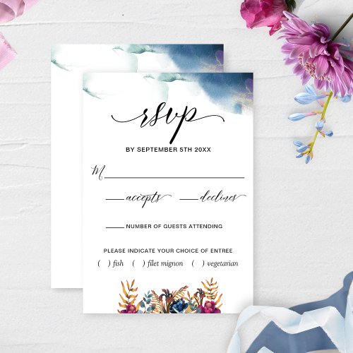 Purple Blue Teal Watercolor WWithout Meal Choices RSVP Card