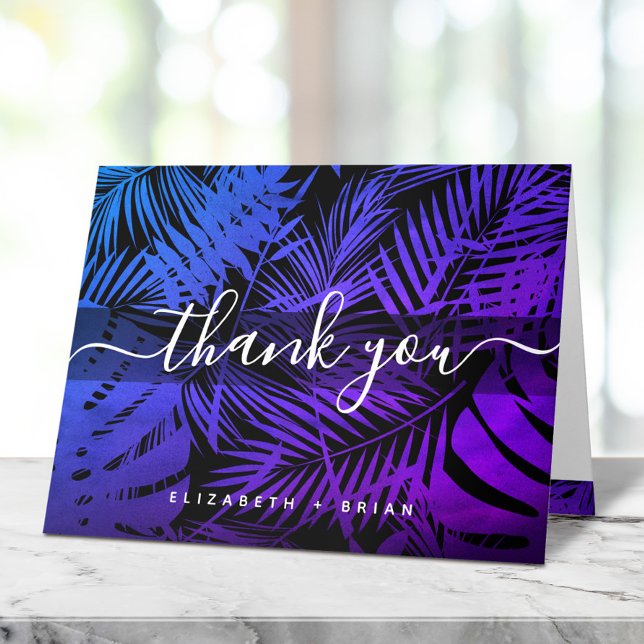 Purple blue tropical palm leaf pattern script name letterpress thank you card (Creator Uploaded)