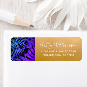 Purple blue tropical palm leaf script gold address label