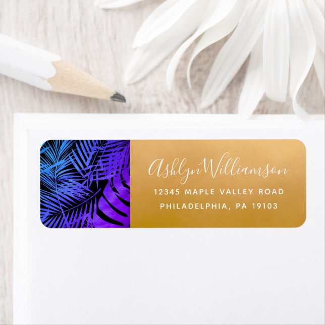 Purple blue tropical palm leaf script gold address label (Insitu)