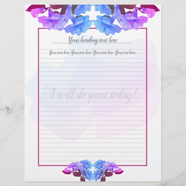 Purple Blue Trumpet Flowers Lined Letterhead (Front)