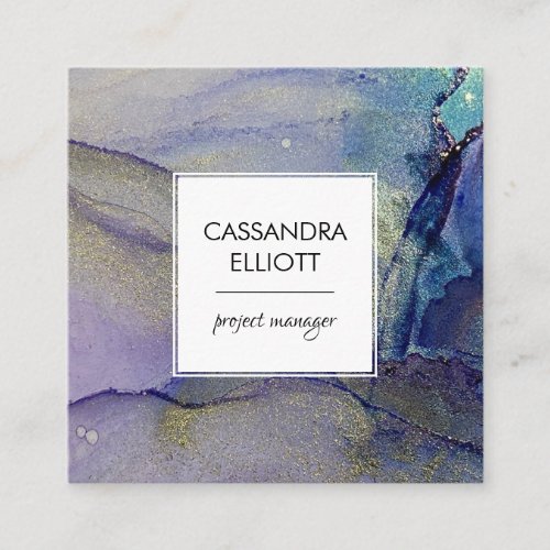 Purple Blue Turquoise  Gold Abstract Liquid Art Square Business Card