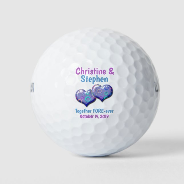 Purple Blue Two Hearts Joined Wedding Favor Golf Balls (Front)