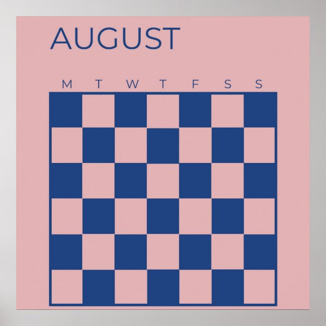 Purple Blue Undated Checkered August Calendar Poster (Front)
