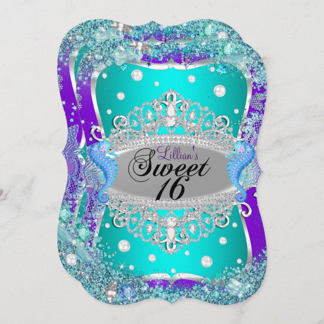 Purple Blue Under The Sea Tiara Sweet 16 Invite (Front/Back)