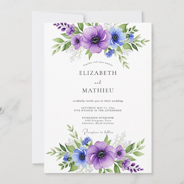 Purple Blue Vibrant Anemone Wedding Invitation (Front)