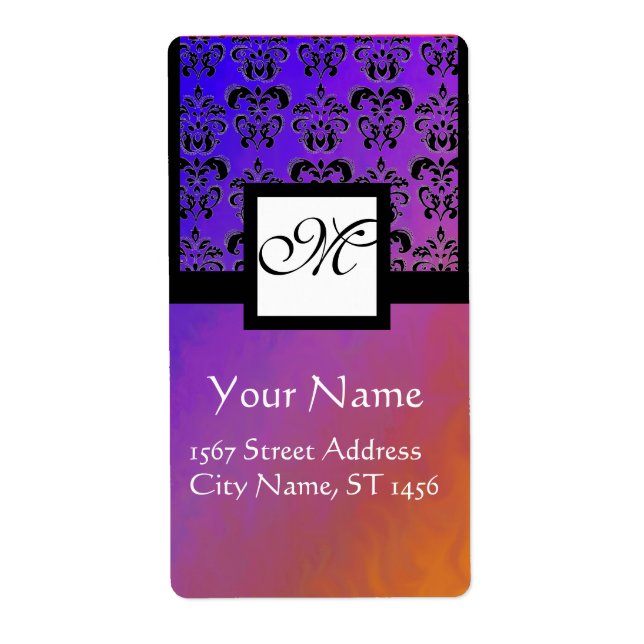 PURPLE BLUE VIOLET BLACK DAMASK, SQUARE MONOGRAM LABEL (Front)
