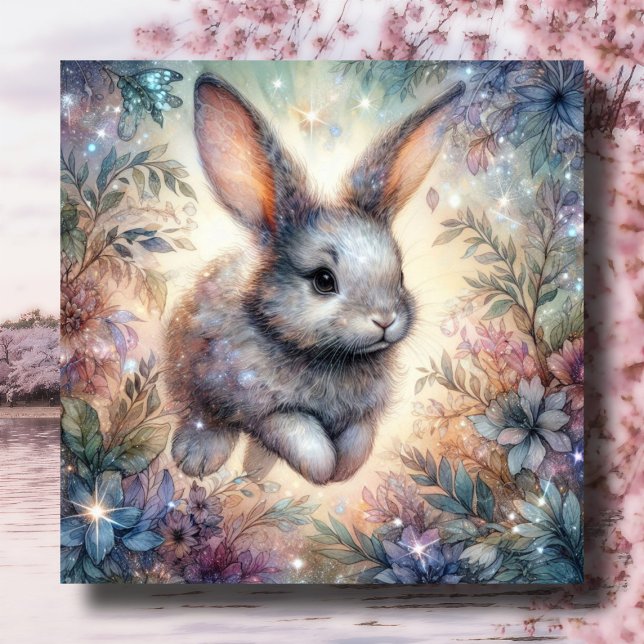Purple Blue Watercolor Bunny Glitter Flower Easter Holiday Card (Creator Uploaded)