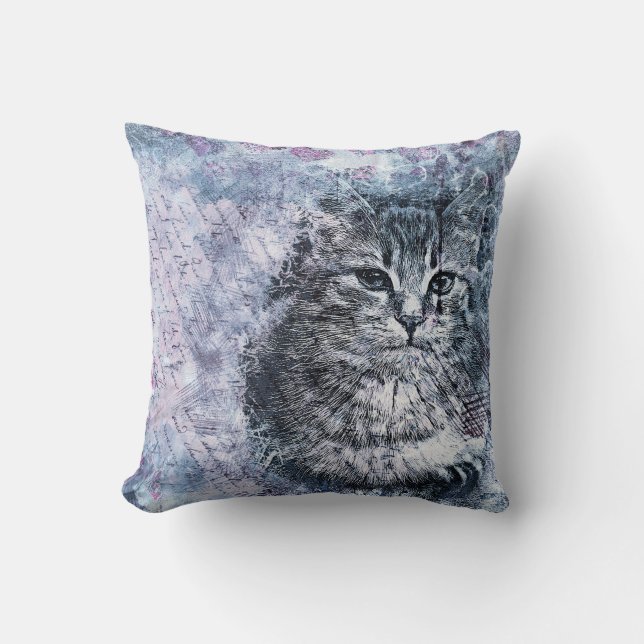 Purple Blue Watercolor Cat Throw Pillow (Front)
