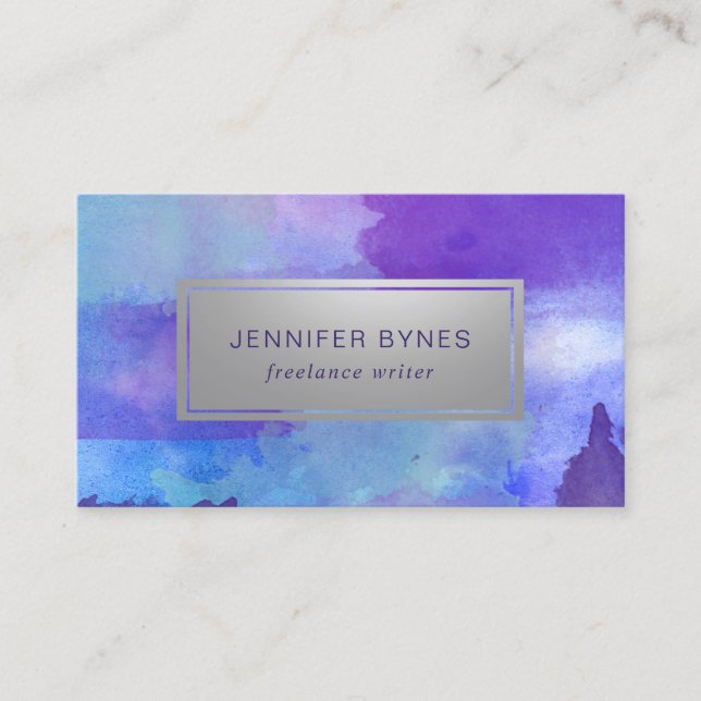 Purple & Blue Watercolor - Faux Silver Business Card (Front)