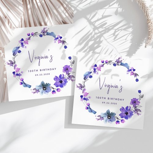 Purple Blue Watercolor Floral 100th Birthday Napkins