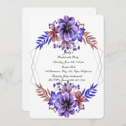 Purple  Blue Watercolor Floral Bachelorette Party Invitation