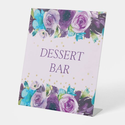 Purple Blue Watercolor Floral Birthday Dessert Bar Pedestal Sign