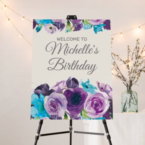 Purple Blue Watercolor Floral Birthday Party Name Foam Board