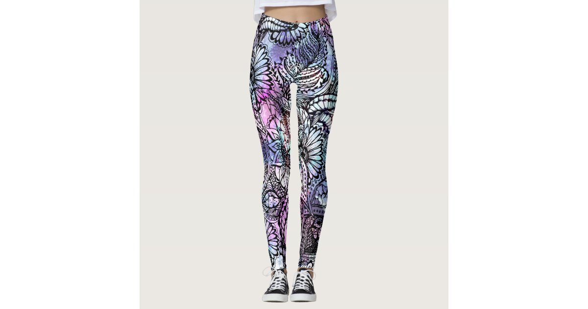 Purple blue watercolor floral hand drawn pattern leggings | Zazzle