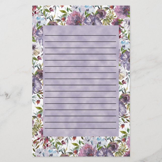 Purple Blue Watercolor Floral Lined Stationery (Front)