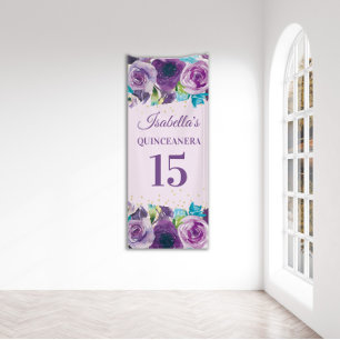 Purple Blue Watercolor Floral Quinceañera Banner
