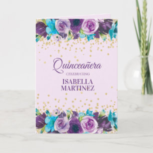 Purple Blue Watercolor Floral Quinceañera Photo Card