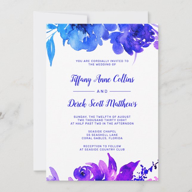 Purple Blue Watercolor Floral Wedding Invitation (Front)