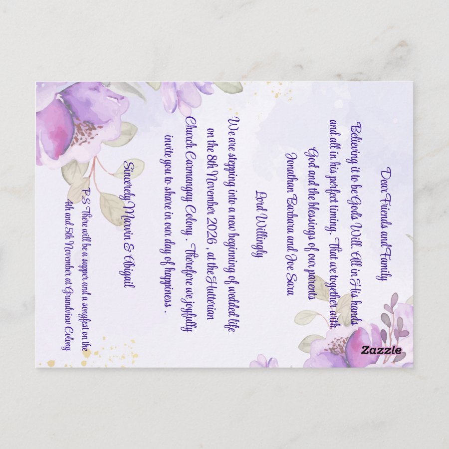 Purple Blue Watercolor Floral Wedding Invitation Postcard
