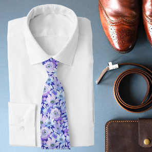Purple Blue Watercolor Floral Wedding Neck Tie