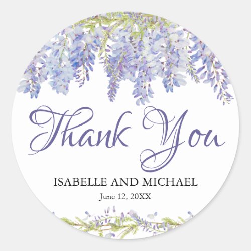 Purple  Blue Watercolor Floral Wedding Thank You Classic Round Sticker