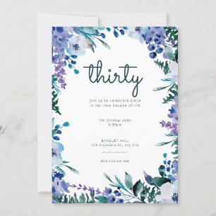 Purple Blue Watercolor Flowers 30th Birthday Invitation