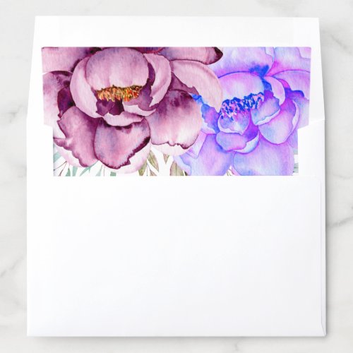 Purple blue watercolor flowers floral wedding envelope liner