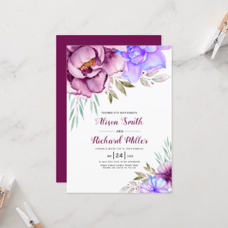 Purple, blue watercolor flowers floral wedding  invitation