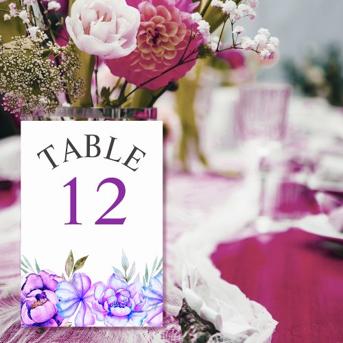 Purple blue watercolor flowers floral wedding table number