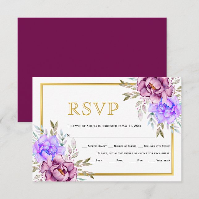 Purple blue watercolor flowers gold frame wedding  RSVP card (Front/Back)