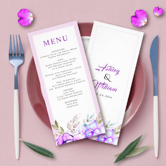 Purple, blue watercolor flowers wedding menu card
