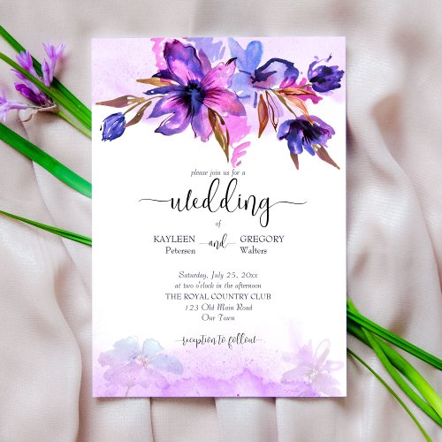 Purple blue watercolor flowers wedding template